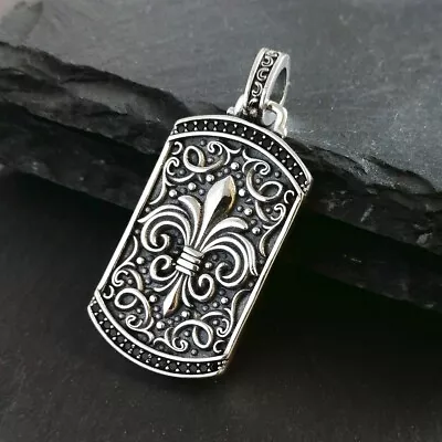 925 Sterling Silver Ornate Scroll Fleur De Lis Dog Tag Pendant Black CZ Unique • $38.95