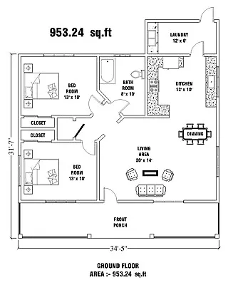 34' X 31' Modern Tiny House Plans 953 Sq.ft - 2 Bed & 1 Bath Room With CAD File • £28.94