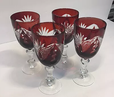 Vintage Bohemian Ruby Cut-to-Clear Glass 4 PC Goblet Wine Glass Set Red Hand Cut • $75