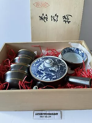 Ceramic Blue Tea Cup Set With Metallic Bronze Glaze Finish New In Wooden Box • £28.94