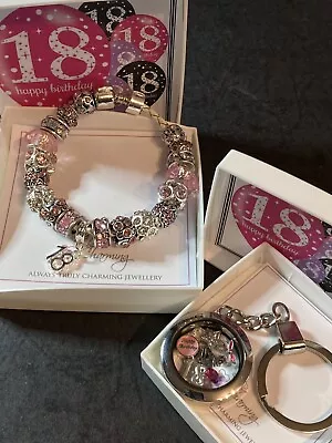 18th Happy Birthday Charm Bracelet And Memory Locket Pink Set 2 Gift Boxed Items • £15