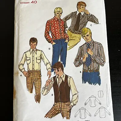 Vintage 1970s Butterick 5897 Men’s Shirt Vest + Tie Sewing Pattern 40 15.5 UNCUT • $11