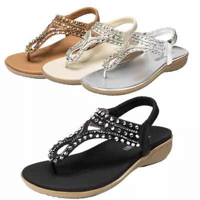 Women Rhinestone Flat Sandals Elastic T-strap Thong Sandals Casual Shoes • $25.79