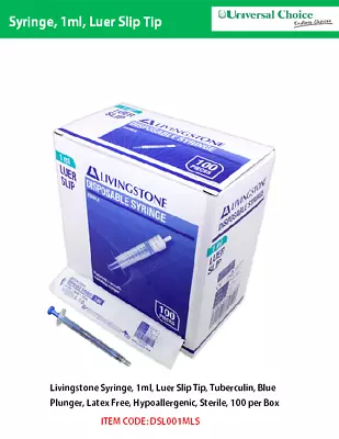 Livingstone Syringe 1ml Luer Slip Tip Tuberculin Blue Plunger Latex Free 100/Box • $17.11