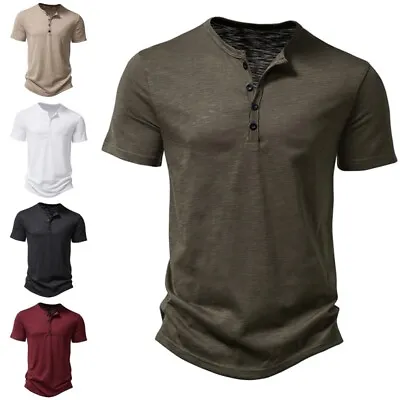 Mens Plain Short Sleeve Henley T Shirt Summer Casual Pullover Loose Top Blouse • £10.88