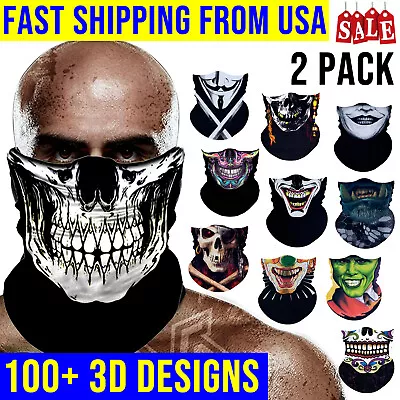 2 Pack Skull Face Mask American Flag Neck Gaiter Bandana Headband Balaclava UV  • $11.95