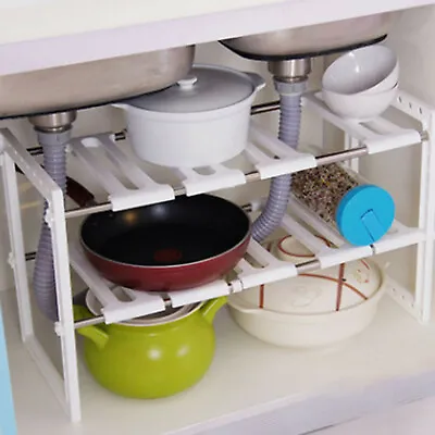 Kitchen Under Sink Storage Adjustable Removable Organiser Tidy Unit Shelf Rack • $19.95