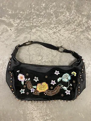 Francesco Biasia Black Leather Suede Hand Painted Floral Shoulder Handbag • $89