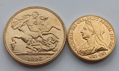 1893 Queen Victoria Sovereign & Double Sovereign  22c Gold Plated  Orig Size • £13.50