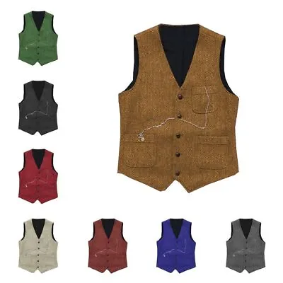 Mens Western Waistcoat Retro Vintage Herringbone Groom Suit Vest 42 44 46 48 50 • £19.19
