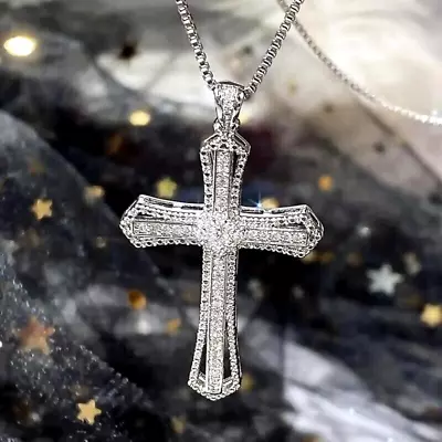 Fashion Zircon Charm Silver Plated Cross Pendant Necklace Jewelry Men Women Gift • $12.98