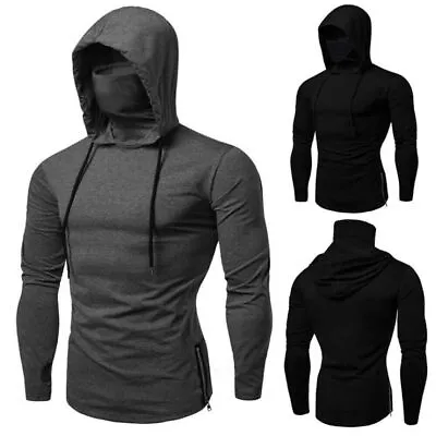 Men Gym Sports Snood Neck Hooded Hoodie Sweatshirt With Face Mask Pullover Tops • £17.69