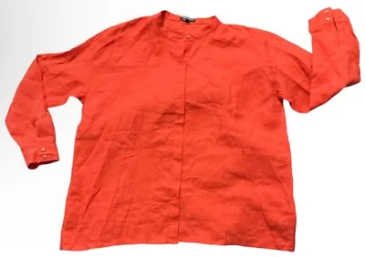 EILEEN FISHER Red Coral Organic Linen MANDARIN COLLAR LONG TUNIC SHIRT Sz M EUC • $39.95