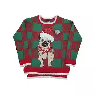 Womens Red & Green Pug Dog Puppy Bells Sequins Long Sleeve Knit Sweater Small • $22.50