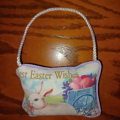 Best Easter Wishes 3x4 Mini Pillow. Rabbit Next To Wheelbarrow Of Eggs On Farm. • $10