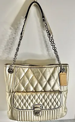 Coach Poppy Quilted Platinum Gold Leather Slim Tote Shoulder Purse Bag F19854 • $89