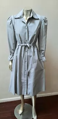 VINTAGE 80S PALE GRAY I SPY BELTED PUFF SLEEVES  SPRING MIDI TRENCH COAT Sz 5/6 • $49