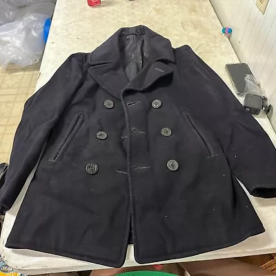 Vintage US Naval Military 100% Wool Kersey Dark Navy Blue Peacoat Coat Mens Med • $71.99