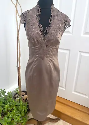 KAREN MILLEN Dress Size UK 10 Victorian Mink Mocha Tuxedo Lace Cocktail Wiggle • £64.95