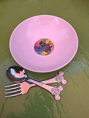 Vintage Minnie Mouse Riding Dumbo Bowl Walt Disney & Mickey Mouse Spoon Fork • $17.99