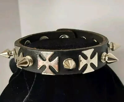 Black Leather Studded Bracelet With Chopper Cross • $17.99