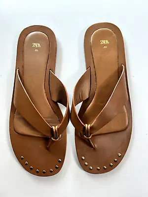 ZARA Leather Sandal Flat Thong Brown Studded Sz 9 (40) • $24.99