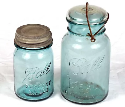 2 Vintage Blue Ball IDeal & Perfect Mason Glass Canning Jars & Lids Pint/Quart • $4.99