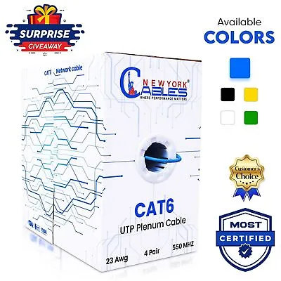 Cat6 Plenum 1000ft Cable CMP | Ethernet Internet Wire Riser CMR | 23AWG 550Mhz • $103.71
