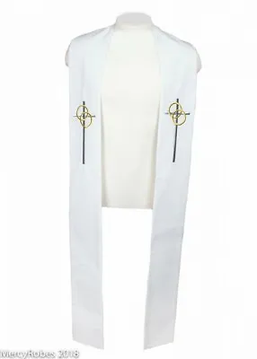 White Wedding Stole (05) Clergy Embroidered Silver Cross/2 Gold Rings Clergy • $43.99