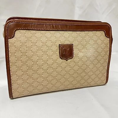 Vintage CELINE Macadam Clutch Bag Handbag Pouch Brown Beige PVC & Leather FromJP • $98