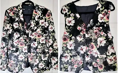 Men's M Black Pink Floral Blazer & Vest Velour Owl Formal Event Tuxedo Suit Set  • $56.78