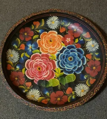 Vintage Batea Wood Bowl Floral Painted Mexico Folk Art • $49.98