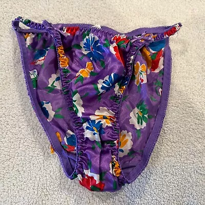 Vintage Satin String Bikini Panties 100% Polyester Purple Floral Size 5 • $40