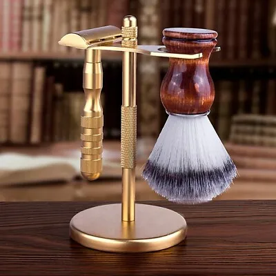 Men Women Safety Razor Double Edge Shaving Brush Stand Gold Set Secret SantaGift • $36.95