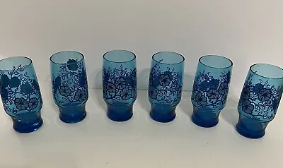 Mid Century Modern Bar Ware Blue Glasses W Hibiscus Flowers Set Of 6 • $50
