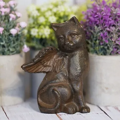 Cast Iron Angel Cat | Kitten Memorial Antique Metal Home Garden Ornament Decor • £16.99