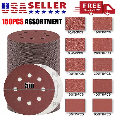 150X 60-600 Grit Sanding Discs 5 Inch 8-Hole Hook Loop Orbital Sander Paper • $20.99