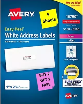 [5 Sheets] Avery 16790/5160/8160 INKJET/LASER Mailing Labels 1  X 2 5/8  B2G1 • $5