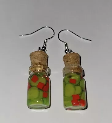 Sliced Pickle Jar Earrings Silver Wire Vegetable Dill Charm Bottle • $8.50