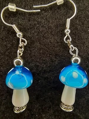 Cute And Adorable Light Blue Mushroom Dangle Earrings Great Gift Fast Ship • $7.95