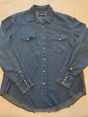 Vtg Wrangler Shirt Mens Pearl Snap Denim Jean Long Tail Western Rodeo Men XXL • $11.50