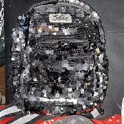 JUSTICE Sequin Sparkle Black /Silver Mini Backpack W/ Front Pocket • $18