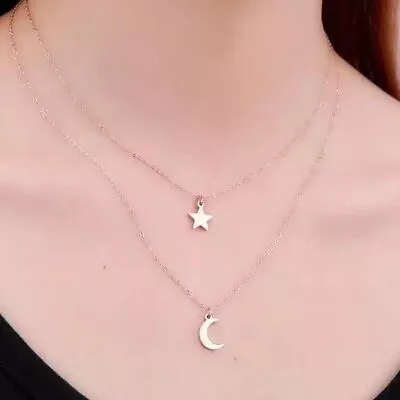 Womens Silver Gold Necklace Star And Moon Double Layer Chain Choker Pendant Long • £3.49