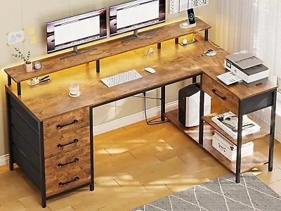 L Shaped Gaming Desk With LED Lights &Power Outlets Home Office Desk W/5 Drawers • $145.97