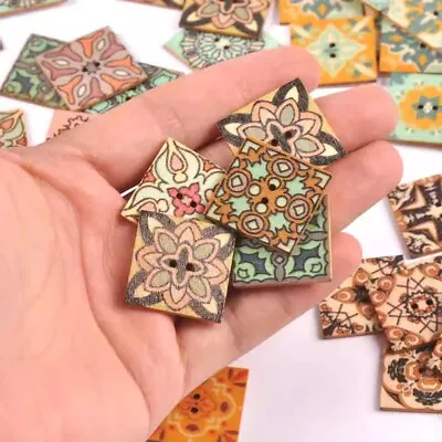 50pcs Mixed Vintage Pattern Wooden Buttons Square 2 Hole Sewing Scrapbooking • $2.38