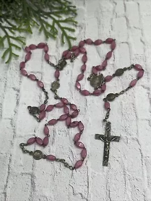 VINTAGE -  Pink Art Deco Glass Beads Catholic Sterling Rosary Antique~De Lourdes • $39