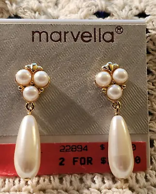 Vintage Gold Tone Marvella White Pearl Drop/Dangle Pierced Earrings • $20