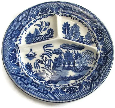 Antique Moriyama Blue Willow Grill Plate Occupied Japan 10.125  Sectional • $69.12