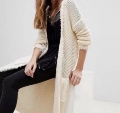 NWT Free People Woodstock Maxi Sweater Duster Cardigan Ivory Ribbed Fringe Med • $109