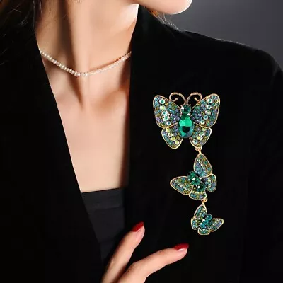 Vintage 3 Butterfly Art Nouveau Pendant Brooch Pin Grren Rhinestone Crystal • $7.82